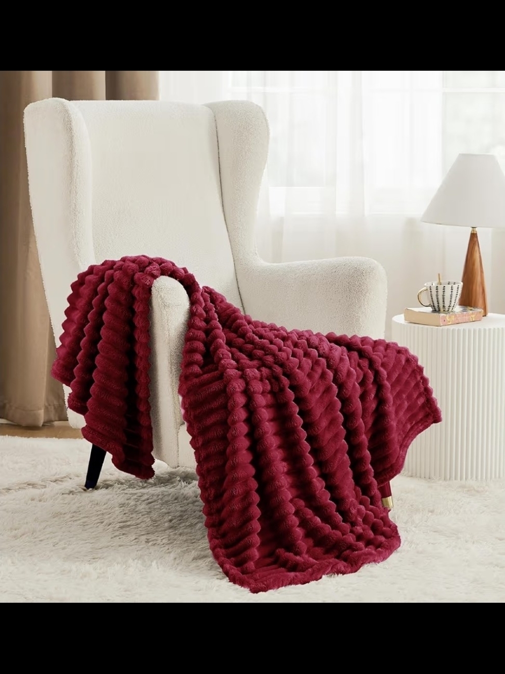 Bedsure Plush Ribbed Throw Blanket - Burgundy - Picture 4 of 8